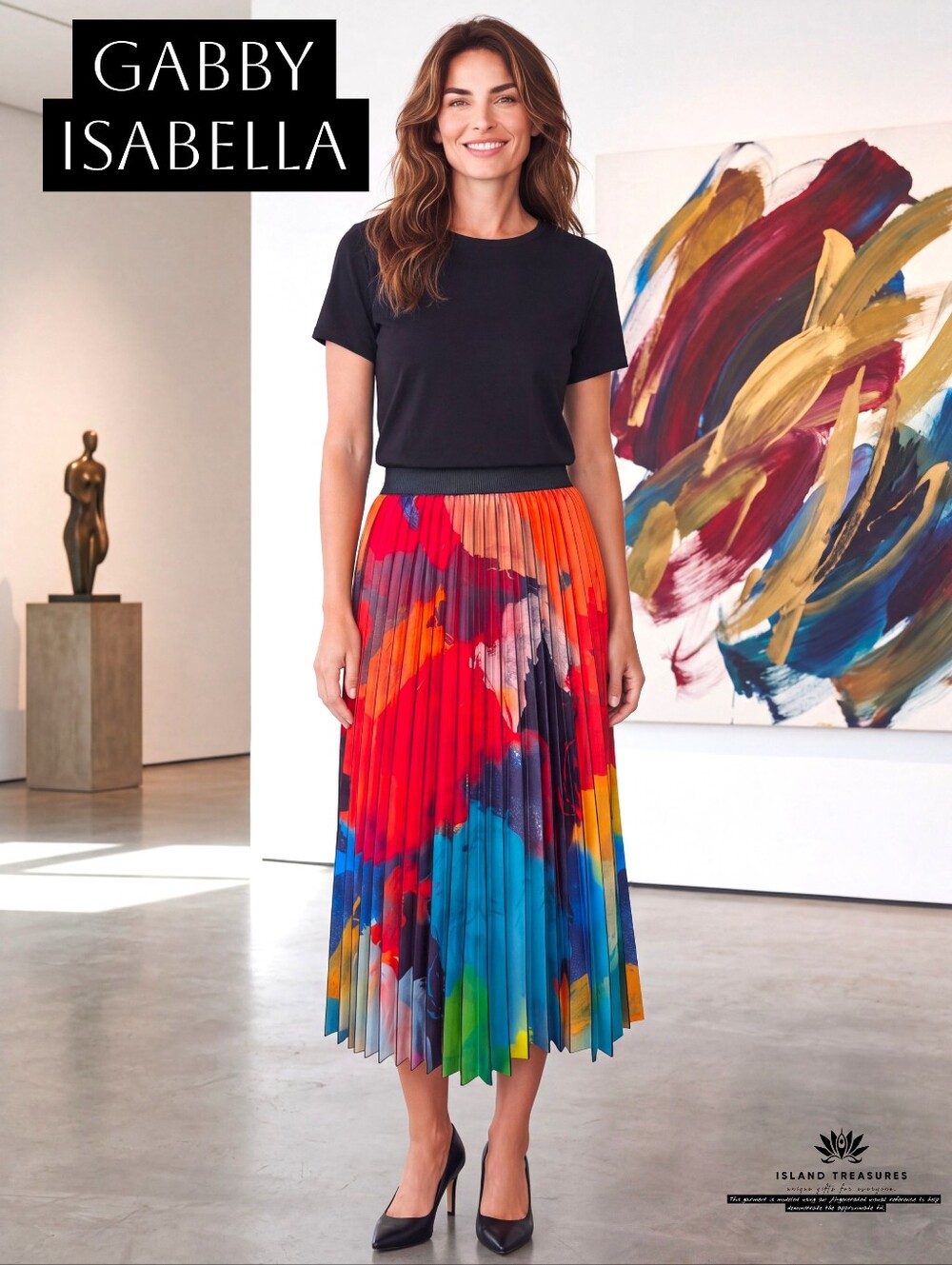 Gabby Isabella Sz S Abstract Print Pleated Midi Skirt Multicolor Vibrant